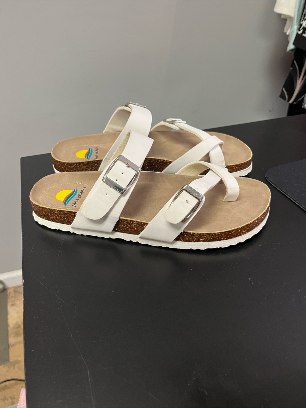 1513/ Maui Island White Double Buckle Cork Footbed Sandals Size 9m